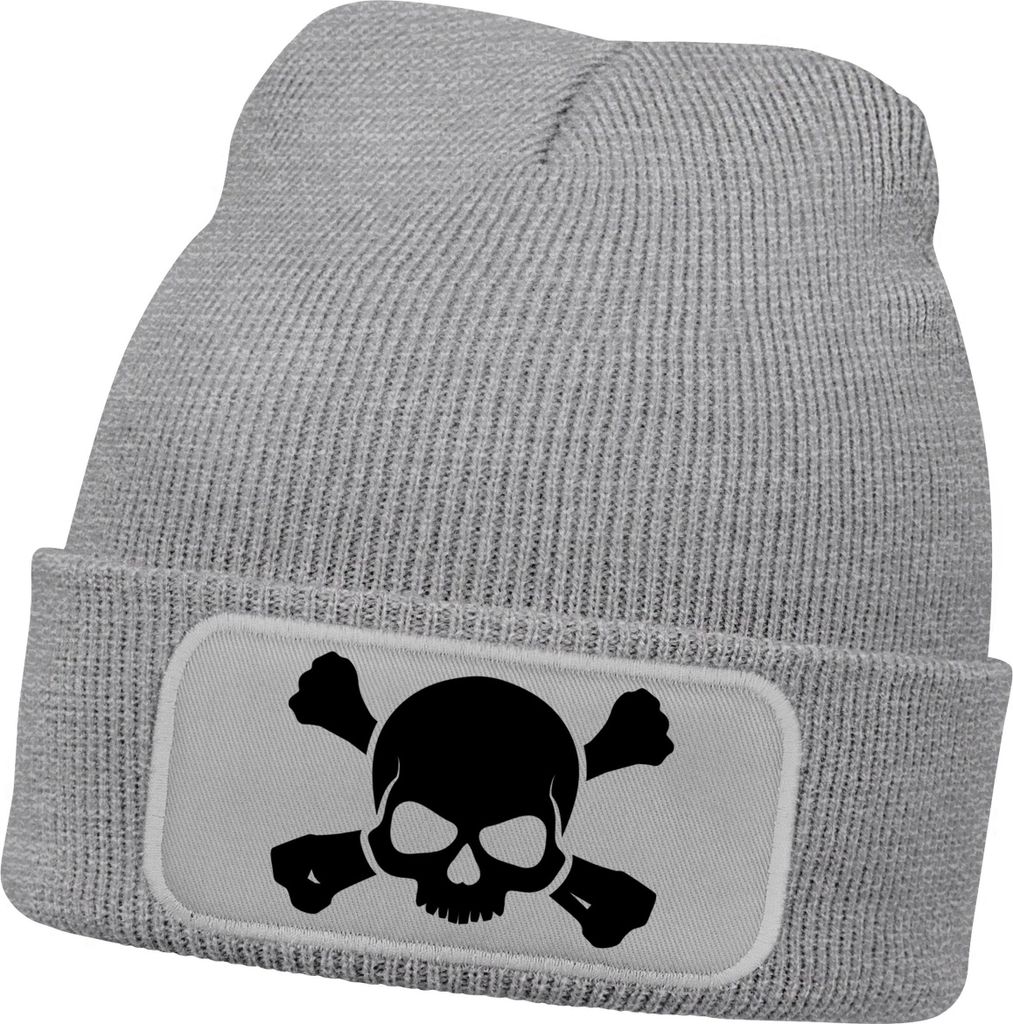 Herren Beanie mit Patch Skull Strickmütze Totenkopf Aufdruck Lustig Mütze Männer Moonworks