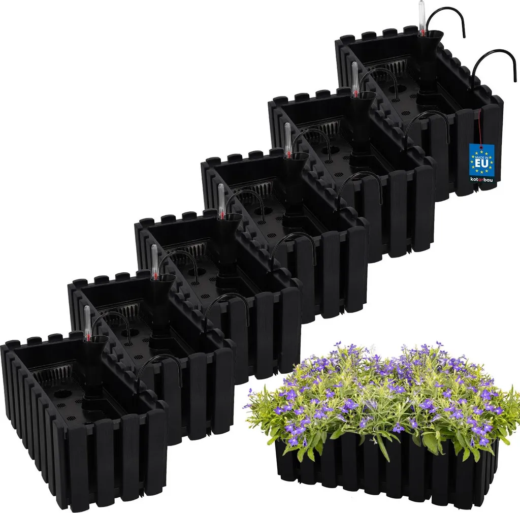 KOTARBAU Lot de 6 Jardinières de Balcon Anthracite avec Arrosage 38cm