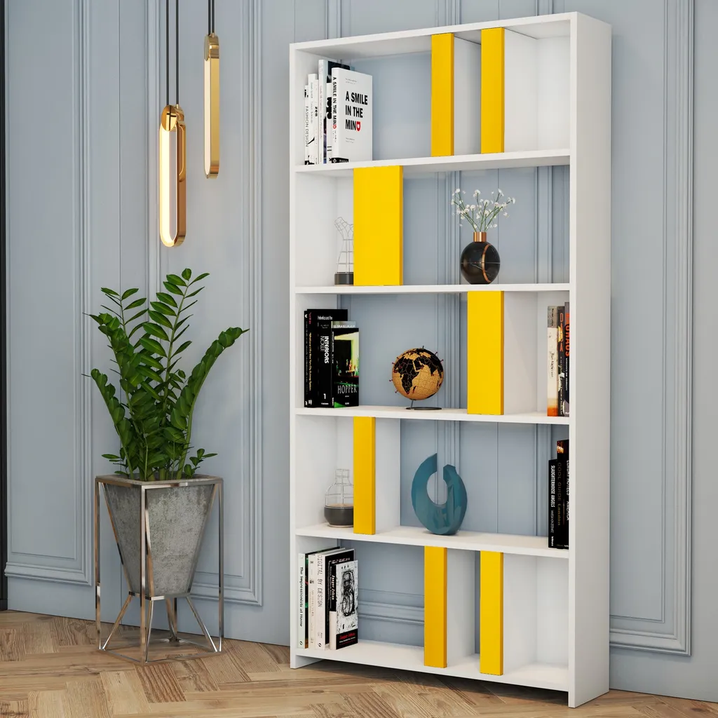 Étagère de Rangement Lima - Bibliothèque Haute Blanche et Jaune 180cm