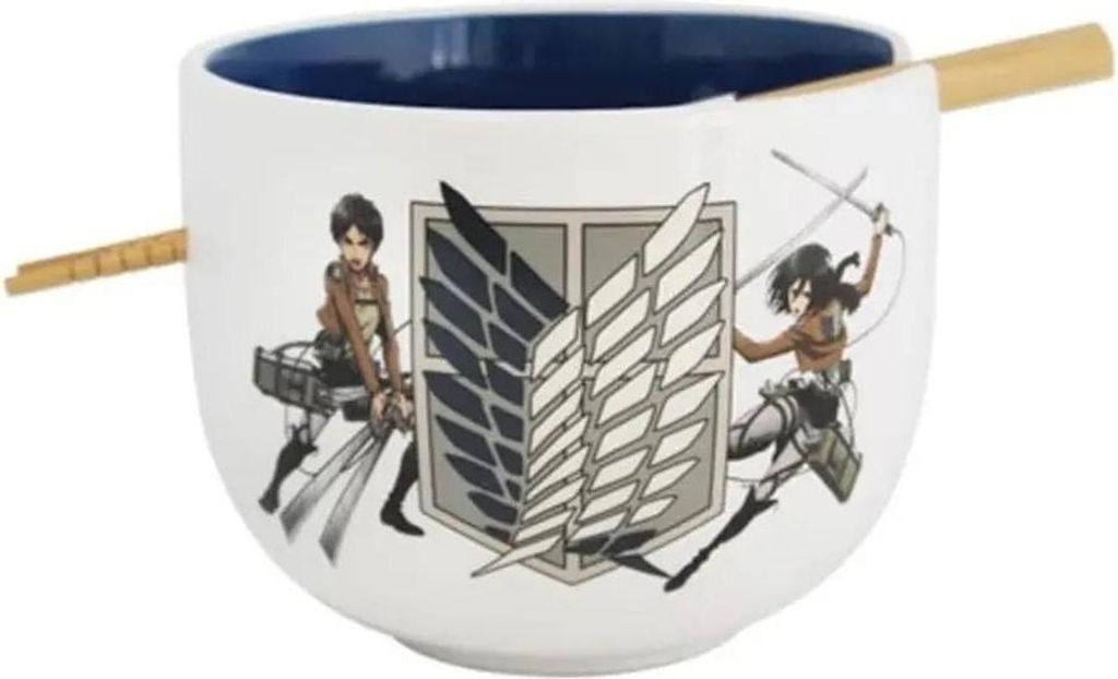 A ramen bowl with Attack on Titan characters and the Survey Corps logo, with chopsticks resting on the rim.