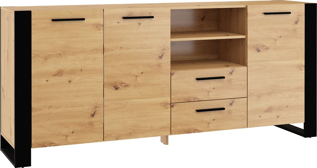 A wooden sideboard with black accents against a white background.