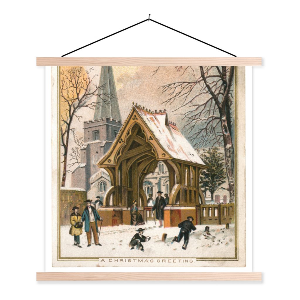 MuchoWow Textilposter Weihnachten - Winter - Retro 120x120 cm mit holzfarbenen Rahmen - Textil-Poster