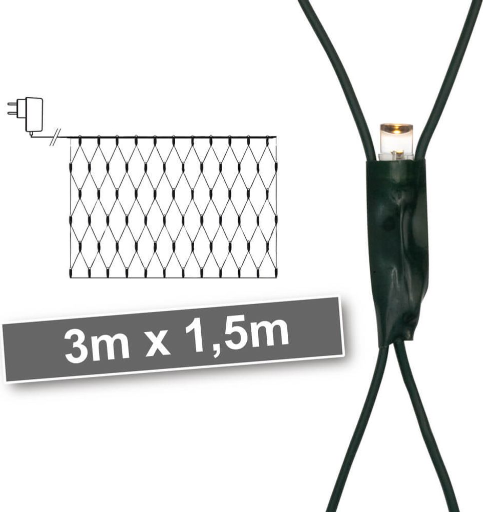 Illustration of a net light with a power adapter and a close-up of an LED bulb, along with a size indicator.