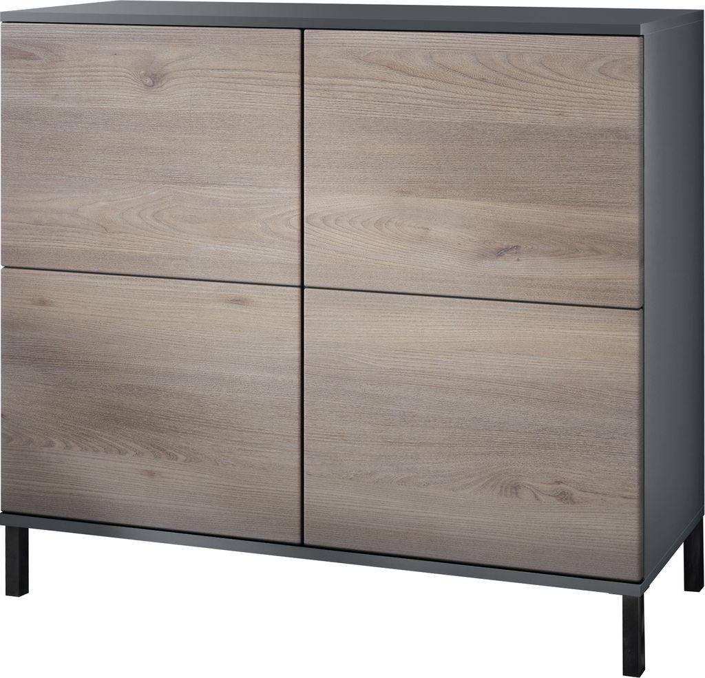 Vladon Kommode Rova V3, Moderner Küchenschrank mit 4 Push-to-Open Türen Anthrazit matt / Eiche Nordic (92,5 x 83.5 x 35)