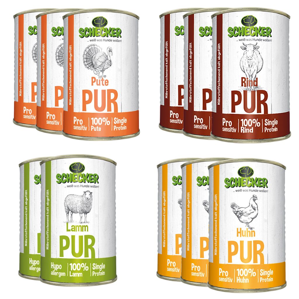 11 x 410 g - Schecker Pur 11-er - 4 Sorten - Rind - Lamm - Huhn und Pute - Nassfutter