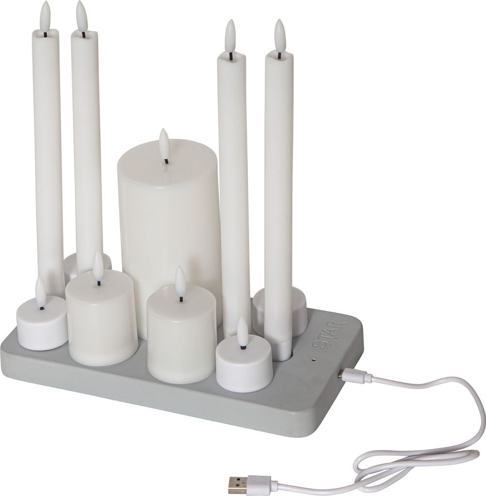 LED Kerzen Charge mit Ladestation 11er Set flackernd USB weiß