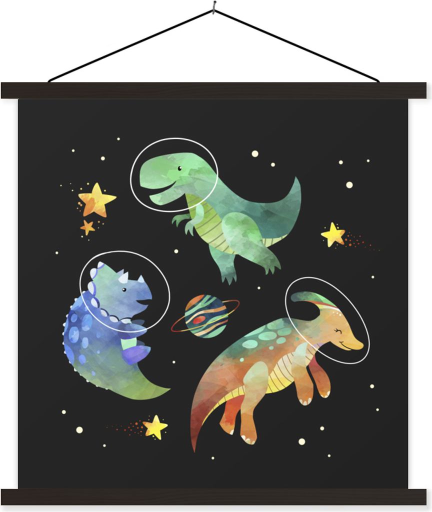 MuchoWow Textilposter Weltraum - Dinosaurier - Sterne - Kinder - Kinder - Kinder 120x120 cm mit schwarzem Rahmen - Aufhängungsset