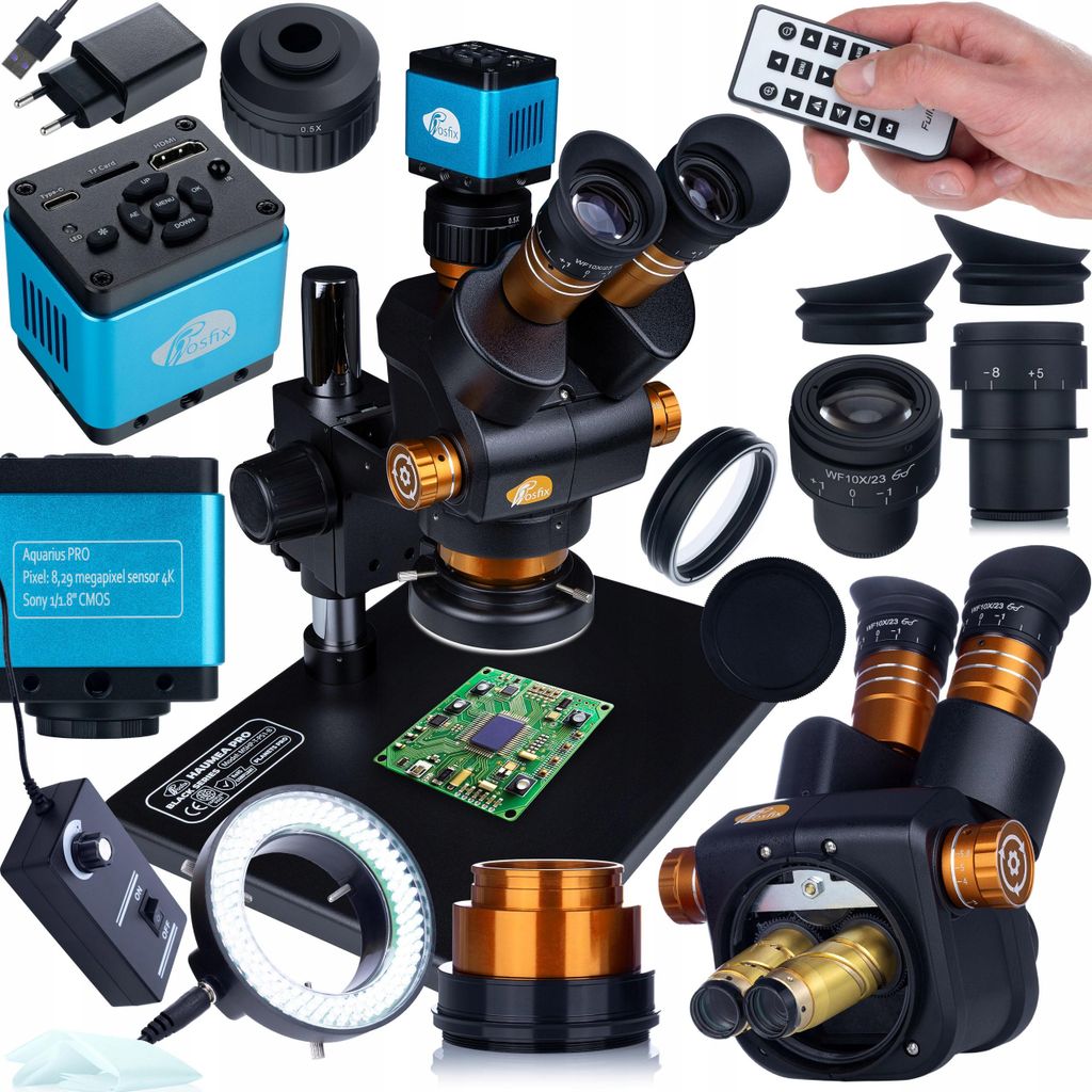 Mikroskop Trinokular Haumea PRO Black Series Set – Zoom 6,5–58x | Sony 4K Kamera Aquarius USB-C | 144x LED Ringlicht, Verstellbar | Für PCB, S...