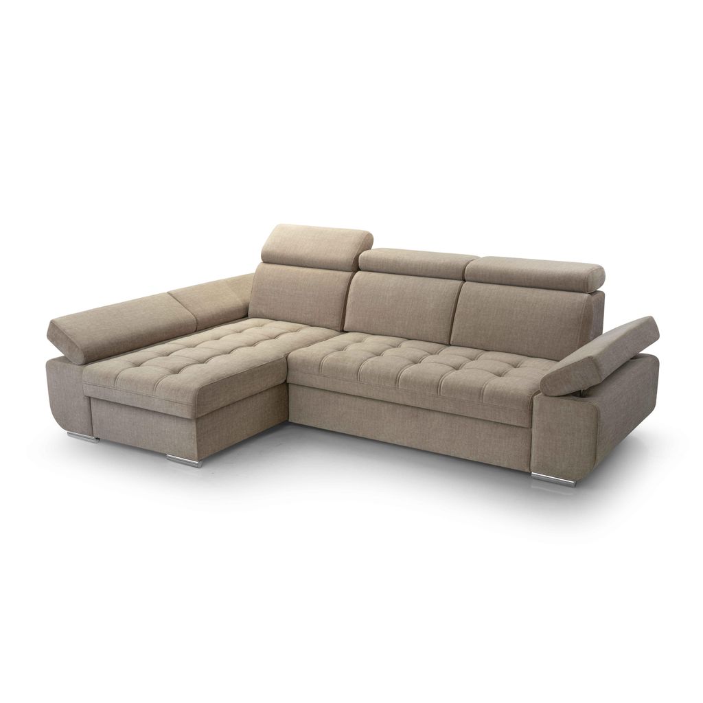 Ecksofa BIANCA - Couch L-Form mit Schlaffunktion & Bettkasten, Eckseite links, Velours Stoff in Beige