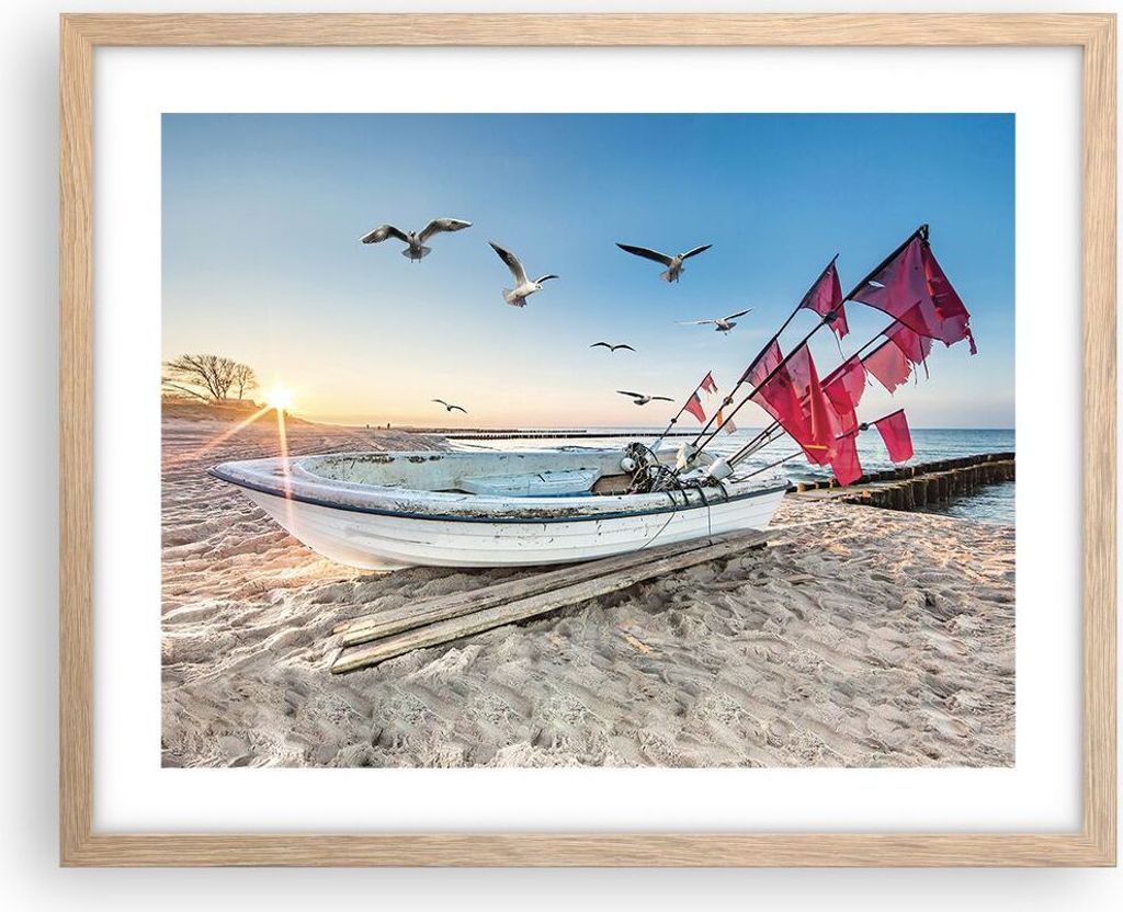 Gerahmtes Poster - Rahmen in heller Eiche - £ódŸ Küste Möwen - 50x40 cm - Wand Bild - Wanddeko - Wandbilder - Kunstposter - Wandposter - Bilde...