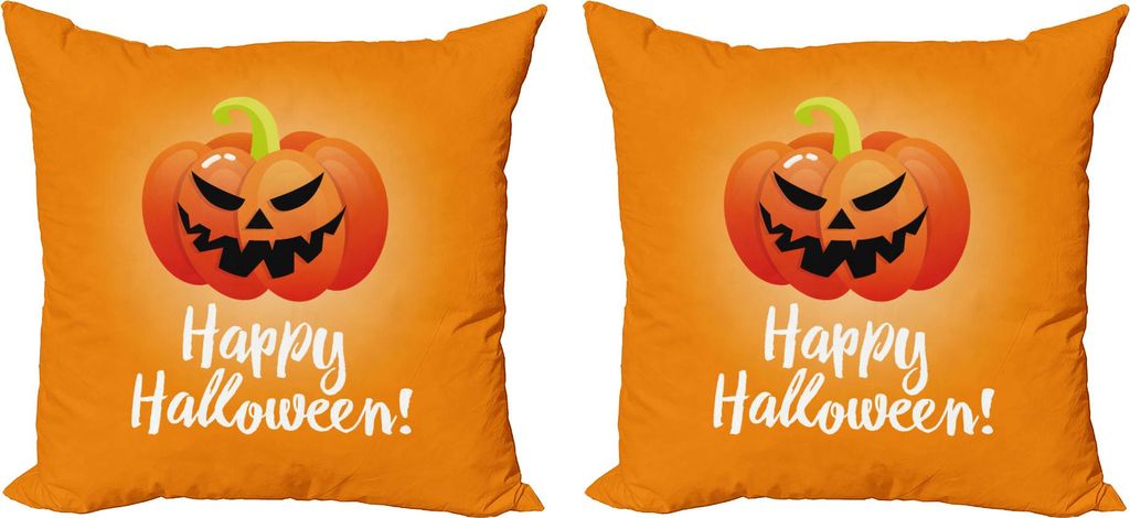 ABAKUHAUS Halloween Kissenbezug Set (2Stück), Spooky Lächeln Kürbis-Symbol mit weißer Kalligraphie-Druck, 50 x 50 cm, Orange Scarlet und Lindgrün