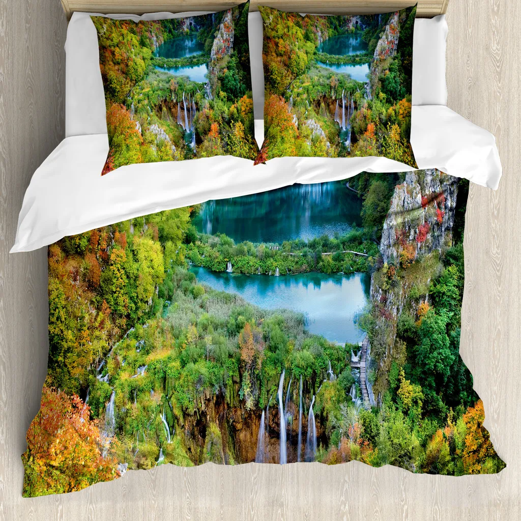 Housse de Couette 200x200 cm Imprimée Nature avec Taies d'Oreiller
