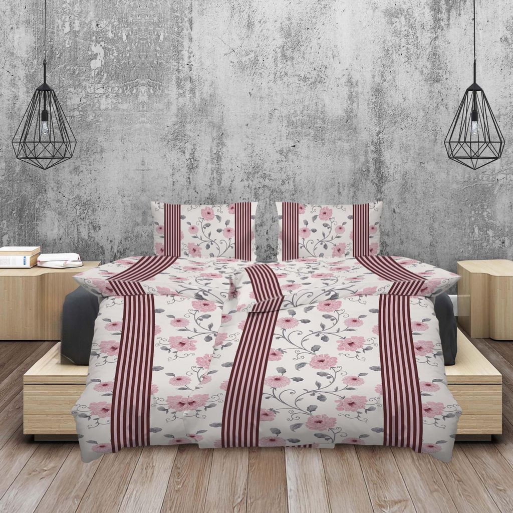 Winter-Bettwäsche Biber, 100% BW, 135x200, Weiß/Rot mit Streifen & Blüten 4tlg.