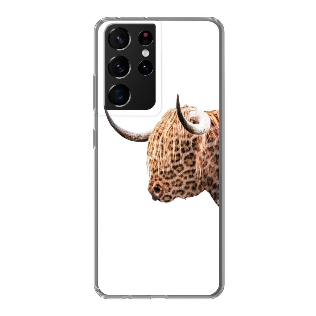 MuchoWow Handyhülle Schutzhülle Hülle für Samsung Galaxy S21 Ultra Schottischer Highlander - Panther - Weiß Silikon Softcase Handy Hülle - ...