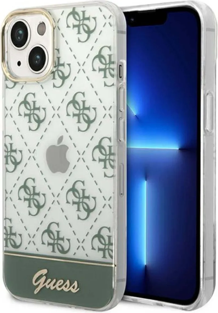 Regala Guess: Custodia iPhone 14/15/13 Khaki 4G Pattern Script