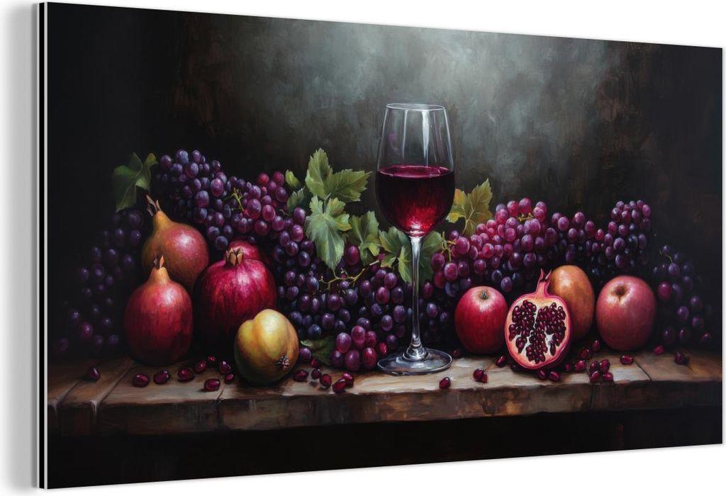 MuchoWow Wanddekoration Metall Metallbild Wandkunst 120x60 cm Wein - Obst - Stilleben MuchoWow Aluminium Gemälde - Metalbilder