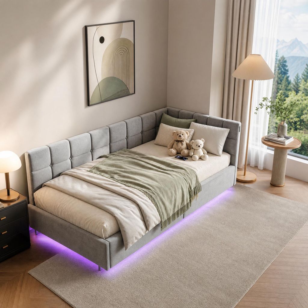 INONEFT Gestoffeerd bed 90x200 cm met LED-verlichting en Productafbeelding 