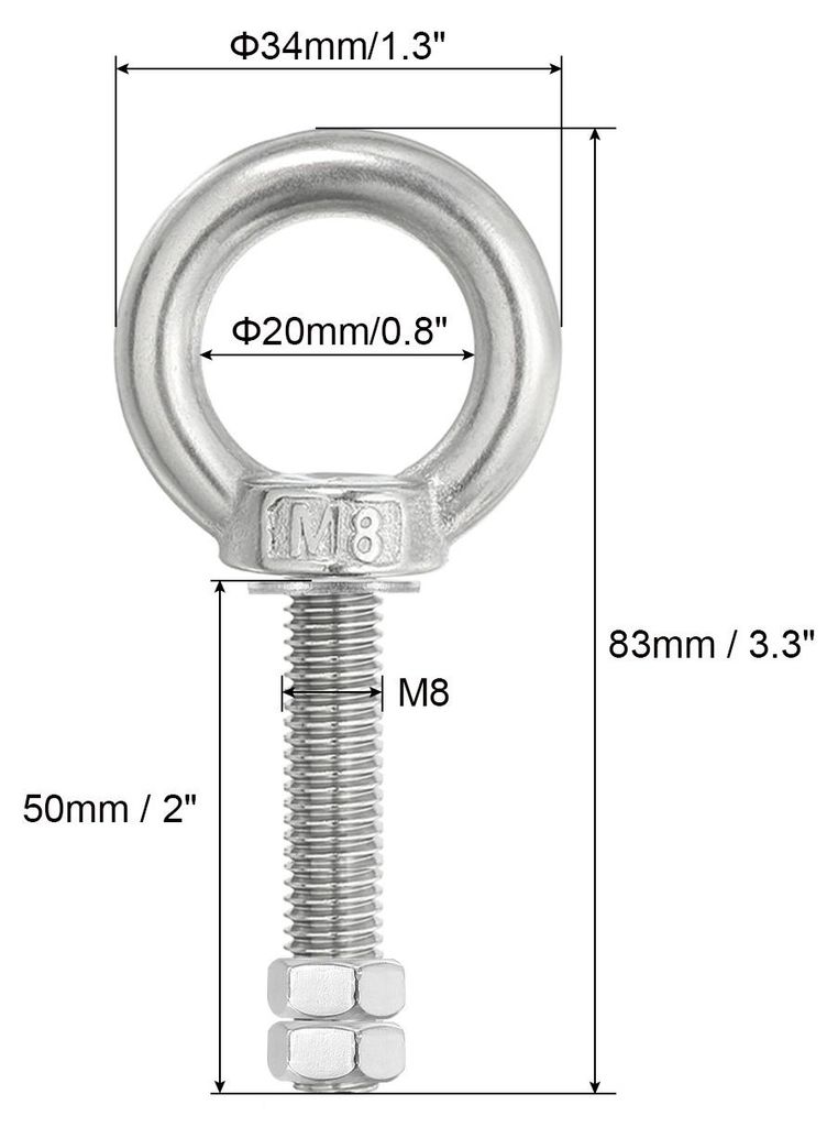 Ringschraube, 2er Pack M8x50 304 Edelstahl Augenschrauben Gewindeschraube Augbolzen Schulterring mit Muttern Unterlegscheiben zum Heben Aufh?ngen