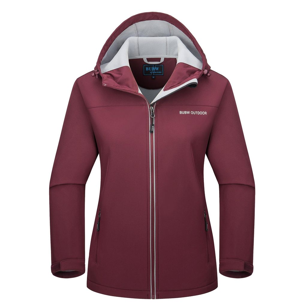Damen Softshelljacke wasser- und winddicht mit Kapuze Gefütterte Outdoor-Jacke mit Reflexstreifen Verstellbare Manschetten, atmungsaktiv Bordeauxrot