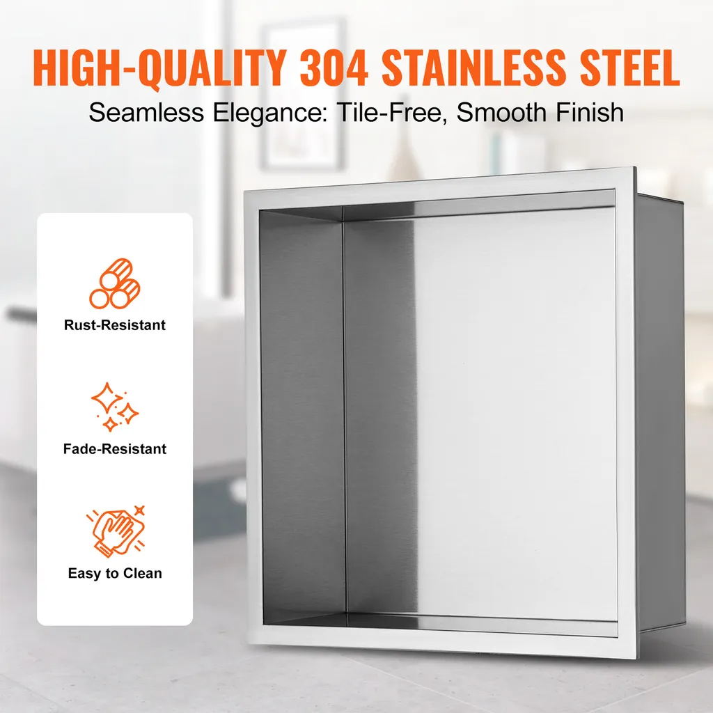 SucceBuy 33 x 33 cm nicchia per doccia in acciaio inox 304, mensola a muro a scomparsa, impermeabile, antiruggine, contenitore moderno, argento - 3