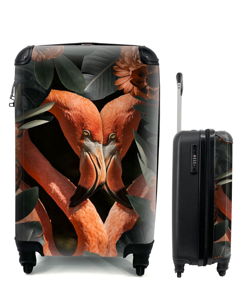 MuchoWow Koffer Handgepäck Trolley Rollkoffer Kleine Reisekoffer mit 4 Rollen - Flamingo - Blätter - Blumen - Cabin Size < 55x40x23 cm & 55x40x...
