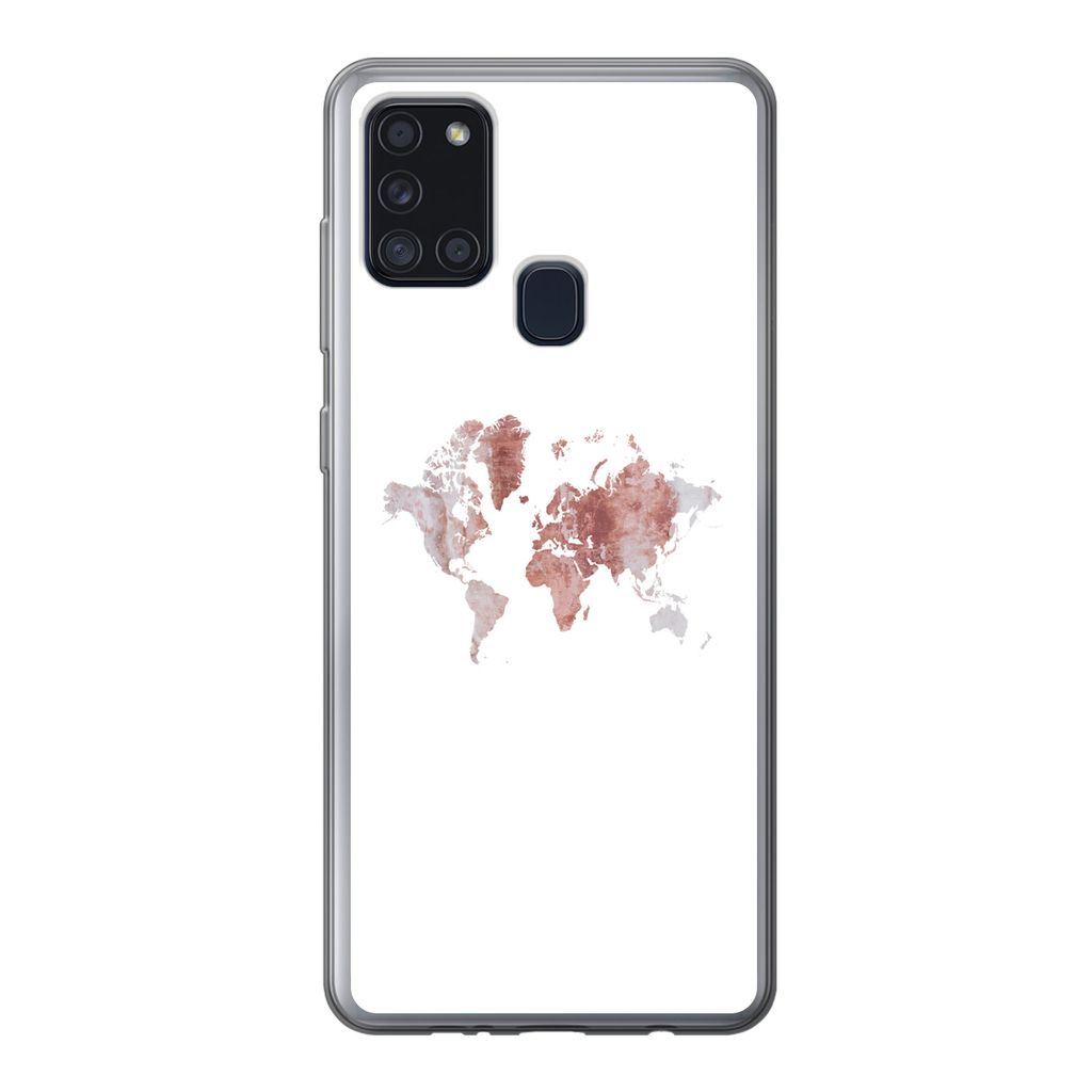 MuchoWow Handyhülle Schutzhülle Hülle für Samsung Galaxy A21s Weltkarte - Rosa - Farbe Silikon Softcase Handy Hülle - Hartschale