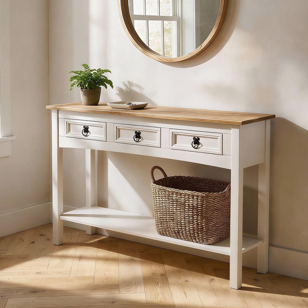 A console table with drawers and a shelf, decorated with a plant and a basket, in a room with wooden flooring and a mirror above.