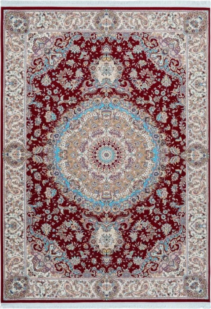 Casa Padrino Luxus Kunstfaser Teppich mit Fransen Rot / Creme / Türkis - Verschiedene Größen - Rechteckiger Wohnzimmer Teppich im Orientalischen...