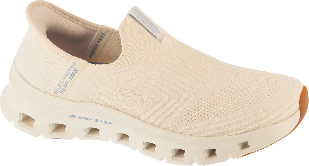 A single beige Skechers slip-on sneaker is shown against a white background.