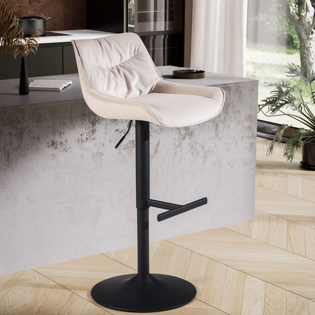 FineBuy Barhocker Samt Beige Hocker mit Lehne 86 106 cm Küchenhocker Höhenverstellbar Modern 100 kg Barstuhl Tresenhocker mit Metall-Trompetenfuß