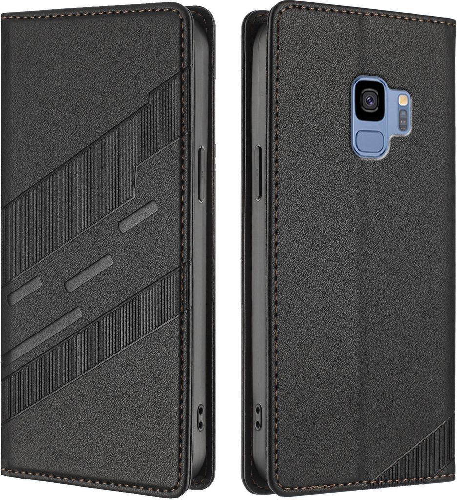 Hülle für Samsung Galaxy S9, Kunstleder Brieftaschen Handyhülle mit Kartenfach und Standfunktion Schwarz