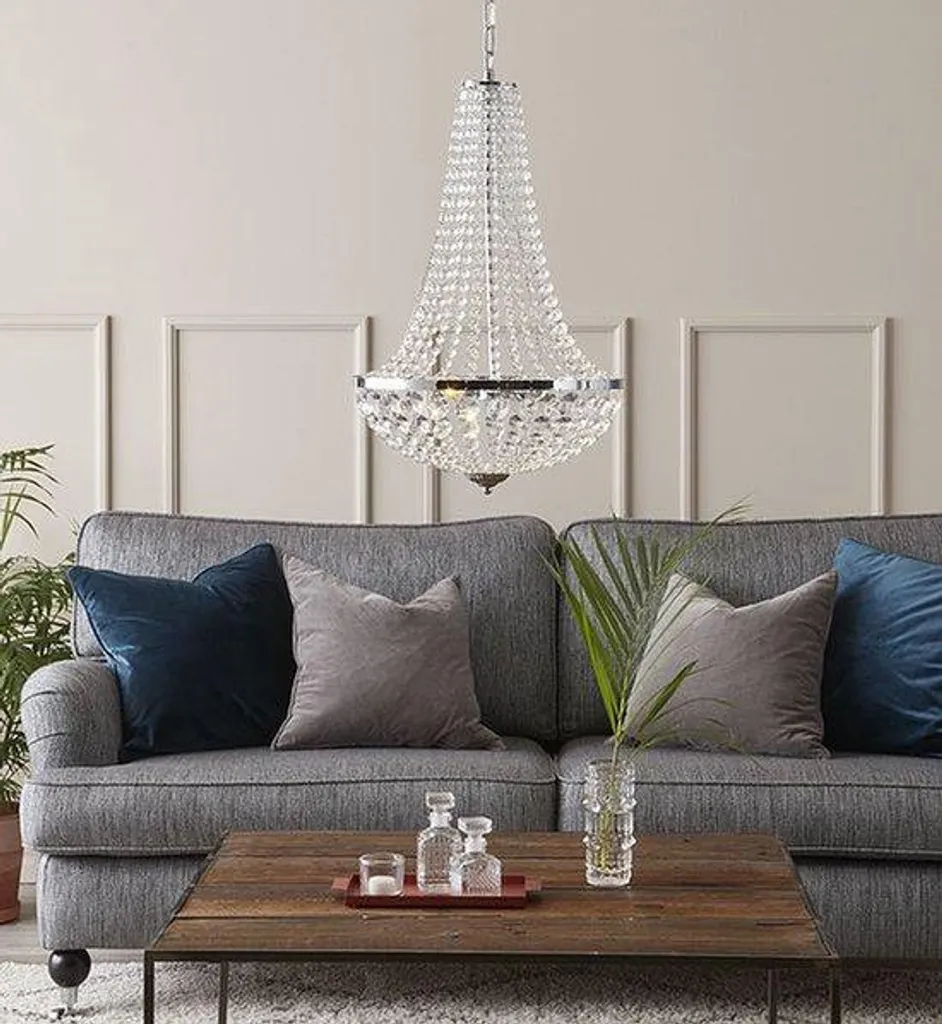 Plafonnier rustique 2 lumières en cristal et métal chromé Ø40cm H55cm
