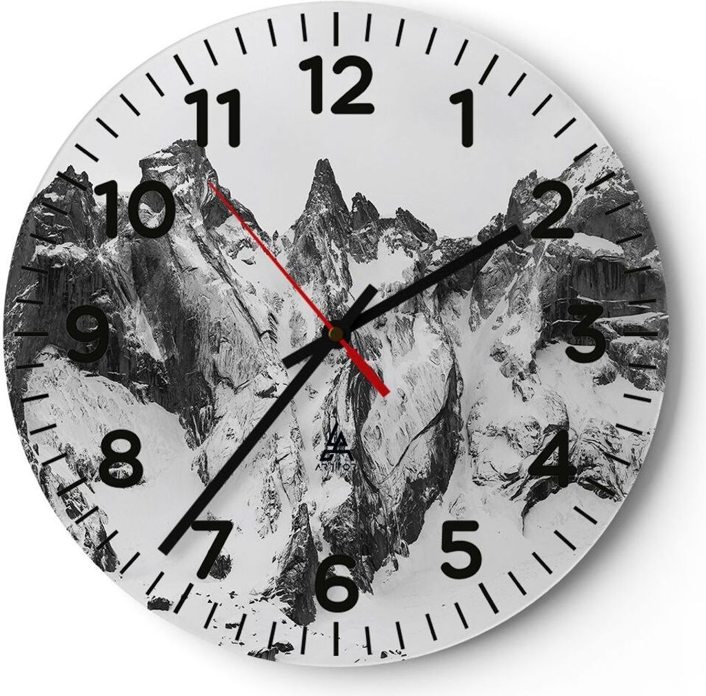 Wanduhr - Rund - Glasuhr - Alpen Schnee Monochrom - 30x30cm - Schleichendes Uhrwerk - Lautlos - zum Aufhängen bereit - Dekoration Modern - Wanddek...