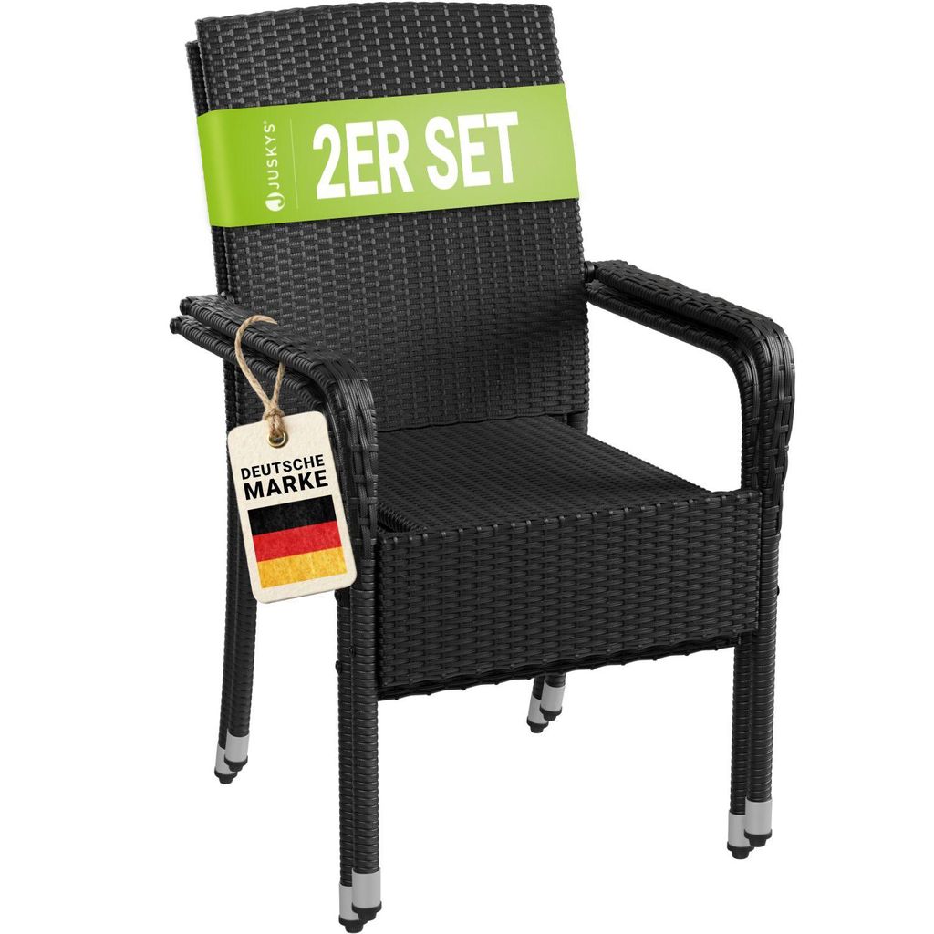 Juskys Polyrattan Gartenstühle Yoro 2er Set - mit Armlehnen & Rückenlehne - 2 Stühle stapelbar - Rattan Stuhl Garten - Stapelstuhl Schwarz