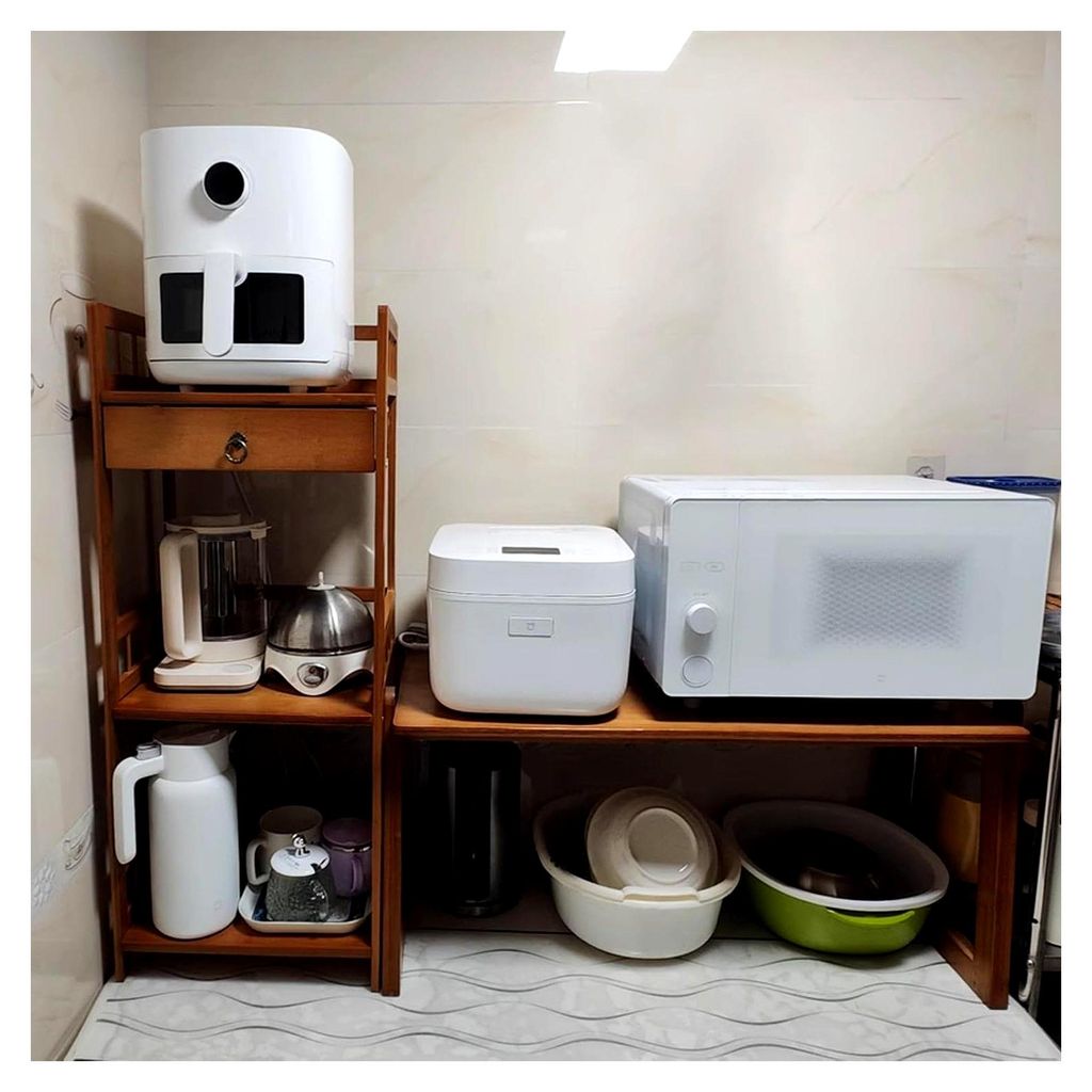 Mikrowellenregal aus Holz, Küchenregal mit Leitplanken, abgerundeten Ecken, große Plattform für Wohnzimmer, 70 x 30 x 56 cm