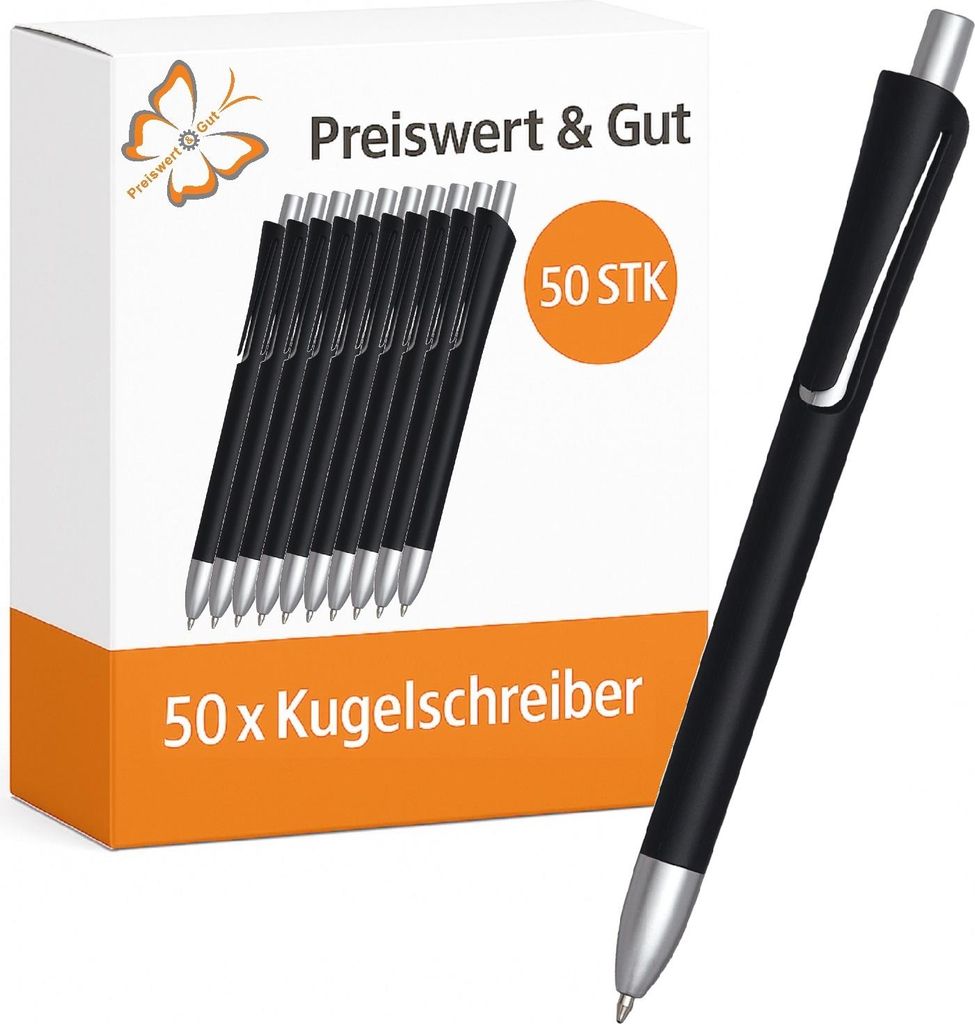 50 x Kugelschreiber 14,2cm, Schwarz, Kuli mit Druckmechanismus, Kunststoff, schwarzschreibend, Schreiblänge ca.800-1000m