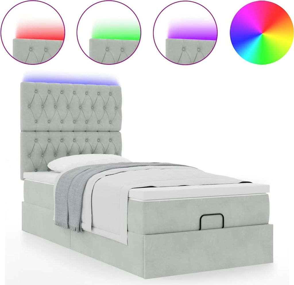 Ottoman-Bett mit Matratzen & LEDs Hellgrau 90x200 cm Samt