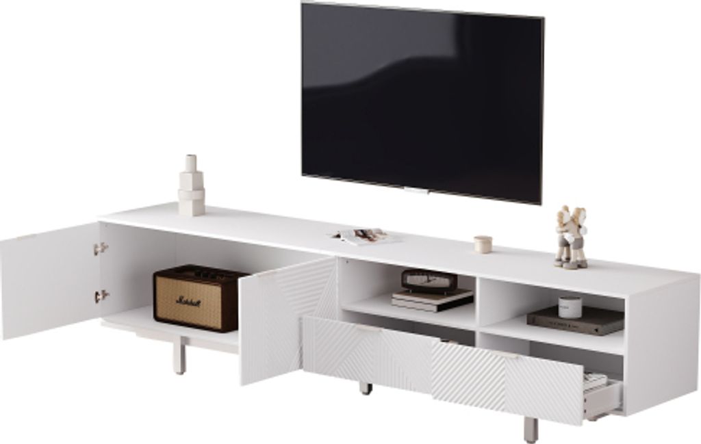 Lagerschrank 200 x 40 x 51 cm Weiss SpanplatteTV-Lowboard Wohnzimmerschrank Beistellschrank Kommode abstrakte schwarze geometrische Linien