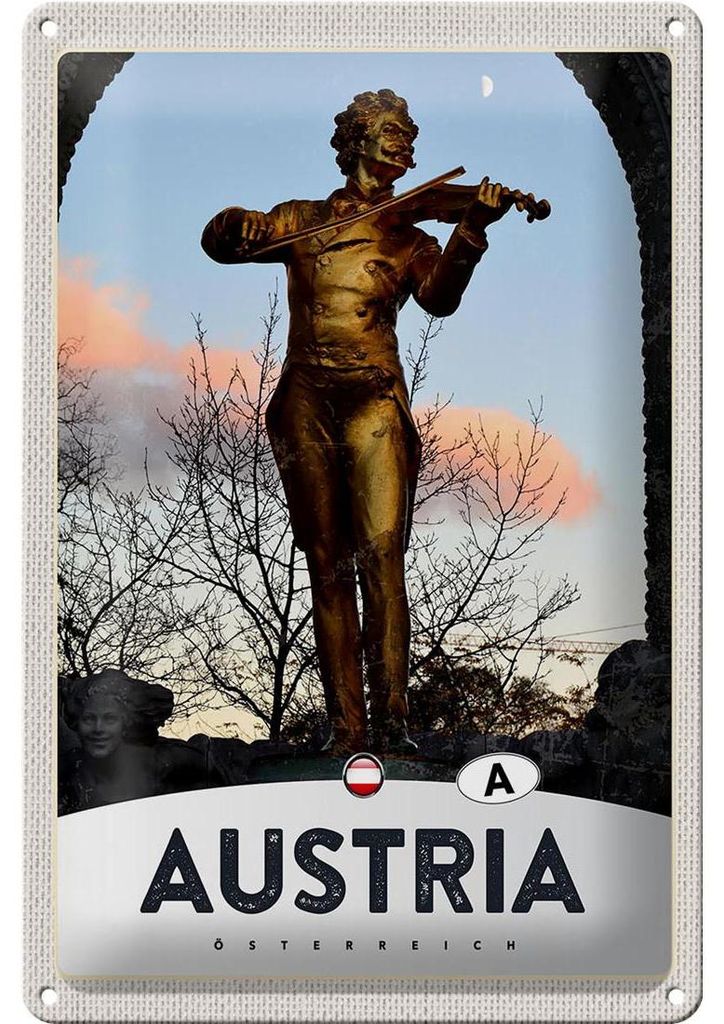 Blechschild Reise 20x30cm Österreich Skulptur Mann Geige gold