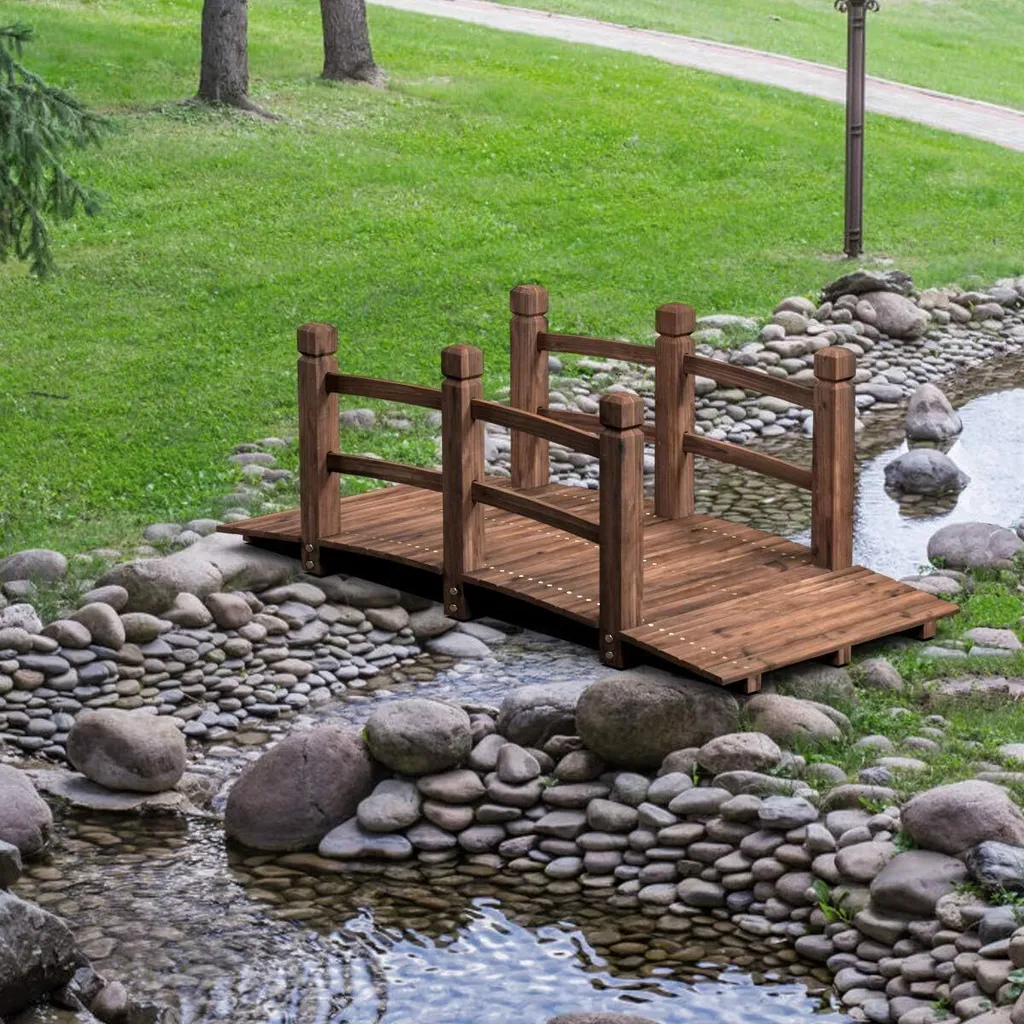 Pont de Bassin en Bois Traité 150 cm Design Arqué et Finition Rustique