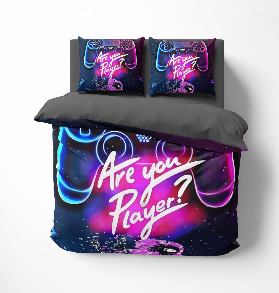A bedding set with a gaming theme is displayed on a bed.