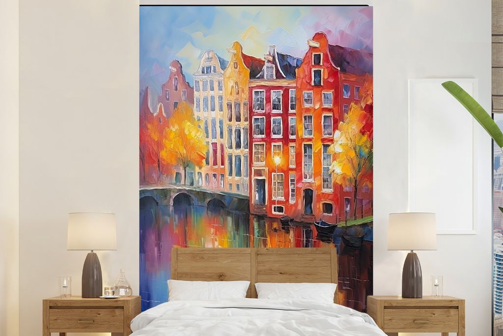 MuchoWow Fototapete für Wohnzimmer oder Schlafzimmer Wandtapete Vinyl Motivtapete Grachtenhäuser - Kunst - Malerei - Amsterdam - 200x300 cm - W...