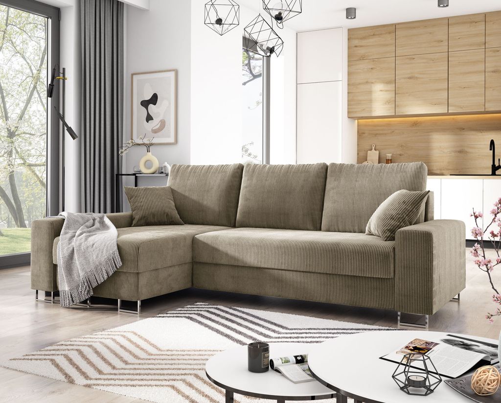 E-ZIMPAZ Sofa L-Form MORGAN Ecksofa mit Schlaffunktion Cord Sofa Polsterecke Eckcouch Wohnzimmersofa - Links Beige PS02