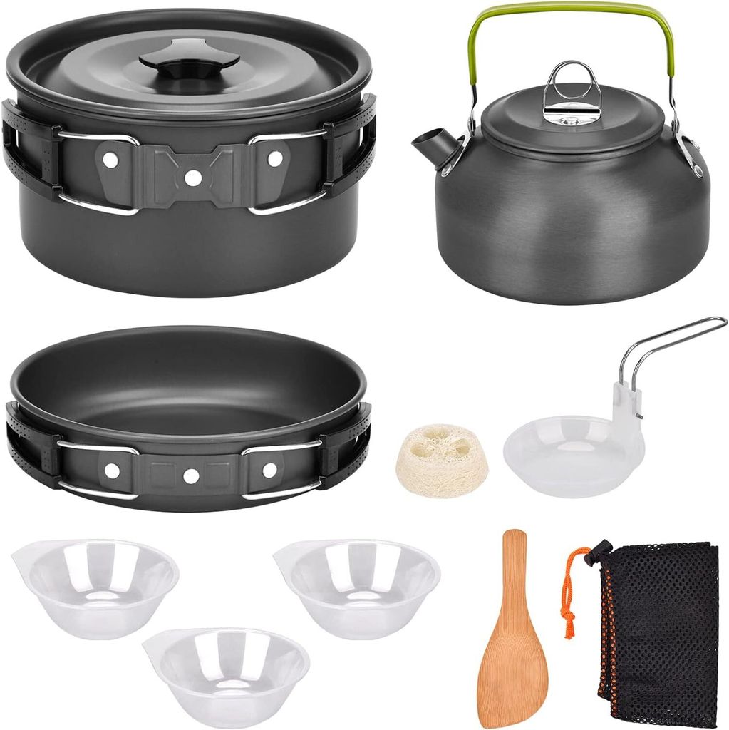 Camping Kochgeschirr Set Pfanne Teekanne Topf 10-teiliges Outdoor Picknick Töpfen aus Aluminium für 2-3 Personen(Schwarz)