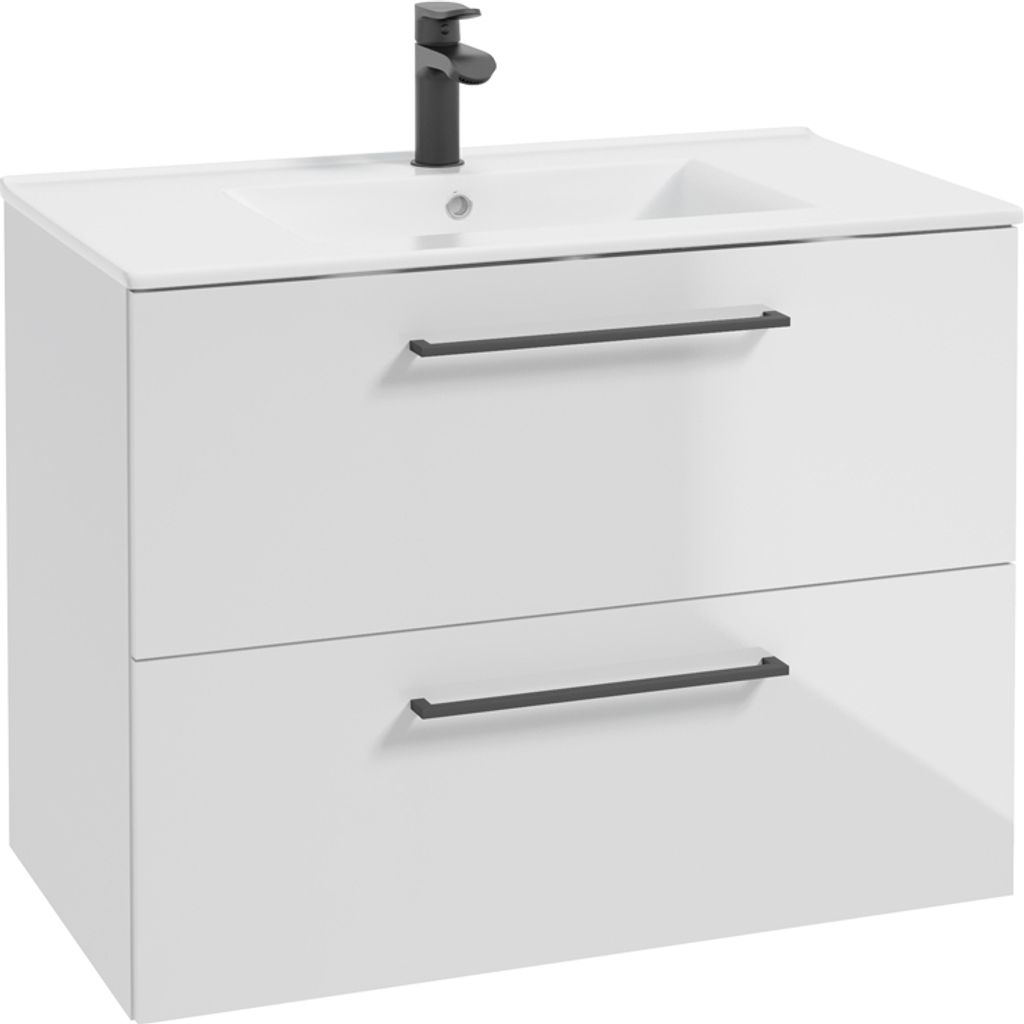 Einzel-Waschtisch, 80 cm breit, in weiß Hochglanz lackiert mit Metallgriffen in schwarz, 2 Schubladen und Keramikwaschbecken MESSINA-107, B/H/T ca...