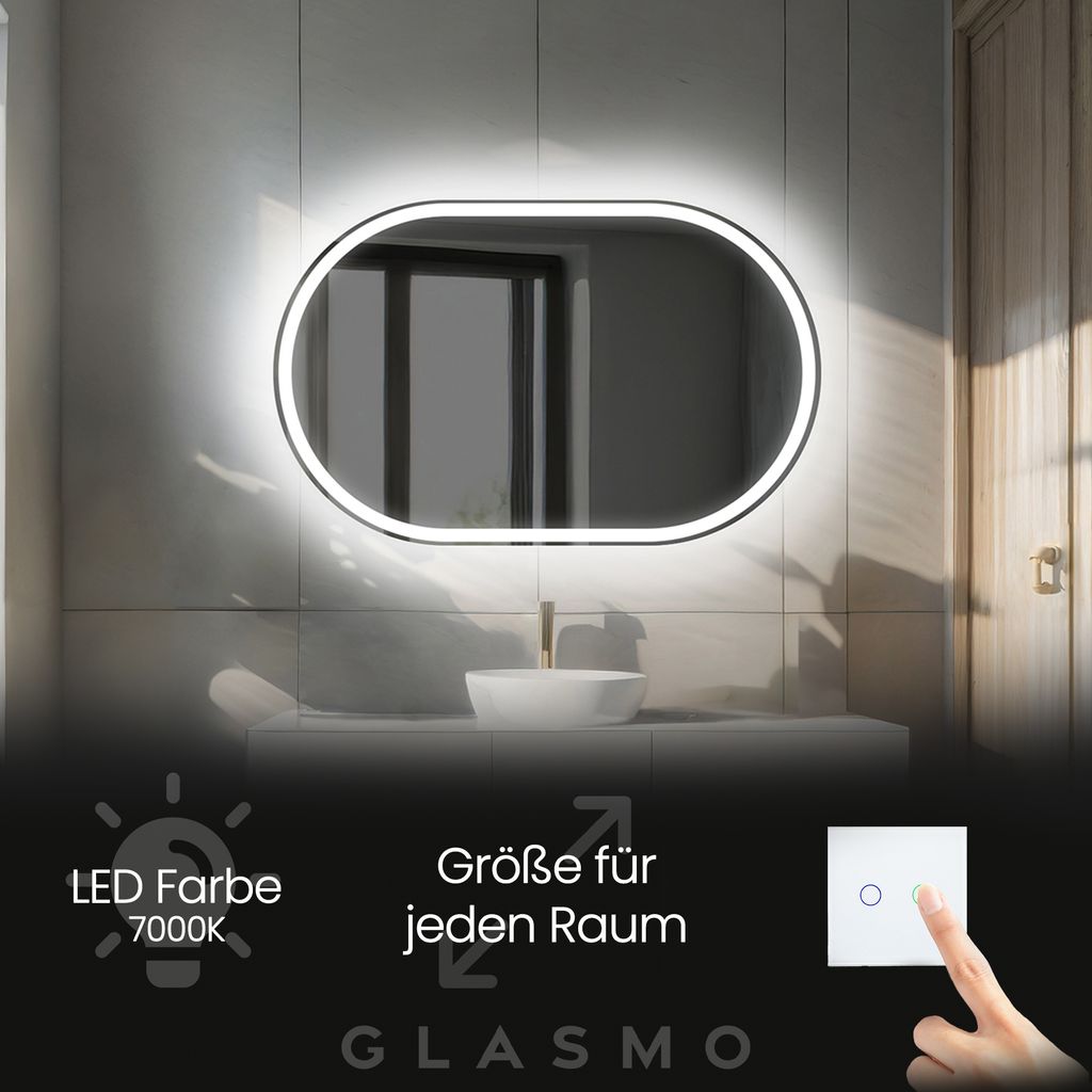 Badspiegel mit LED Beleuchtung 140x60 cm Freya - Horizontal Oval Spiegel mit Beleuchtung - Kaltweiß 7000K - Badezimmerspiegel Lichtspiegel