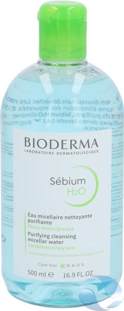 A bottle of Bioderma Sébium H2O Purifying Cleansing Micellar Water.