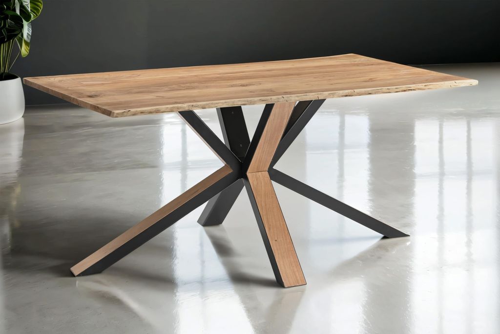 Baumkantentisch 180 x 90 cm Miami, Akazienholz massiv + naturfarben, Esstisch mit schwarzem Spider-Gestell aus Metall & Holz-Außenseite, echte Bau...