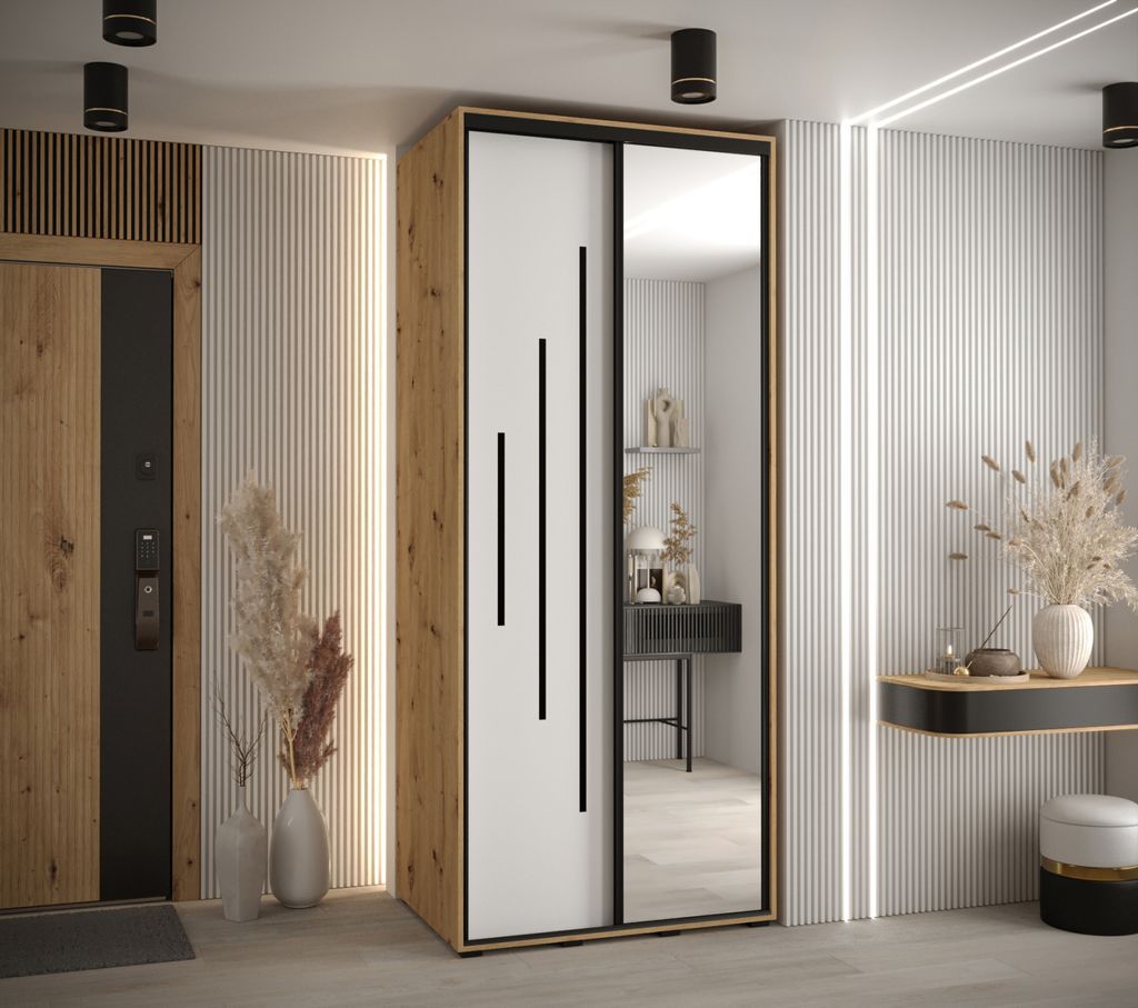 Kleiderschrank ASIRI 13 - 120/60 cm, Eiche handwerklich / weiß / schwarz