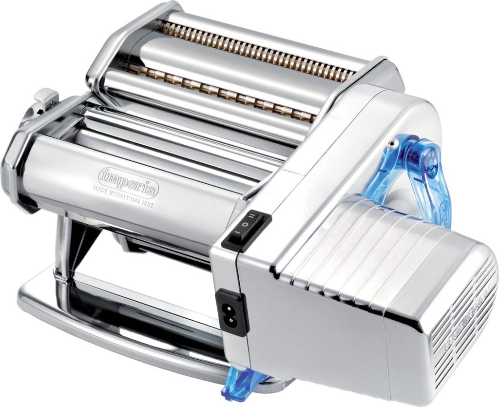 A chrome-plated electric pasta maker with blue accents.